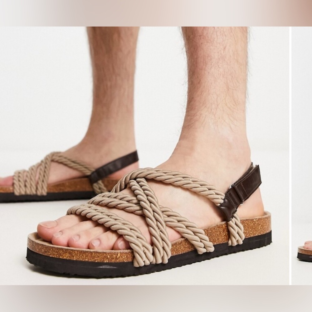ASOS DESIGN cross strap rope sandals in stone and brown mix Sz 10